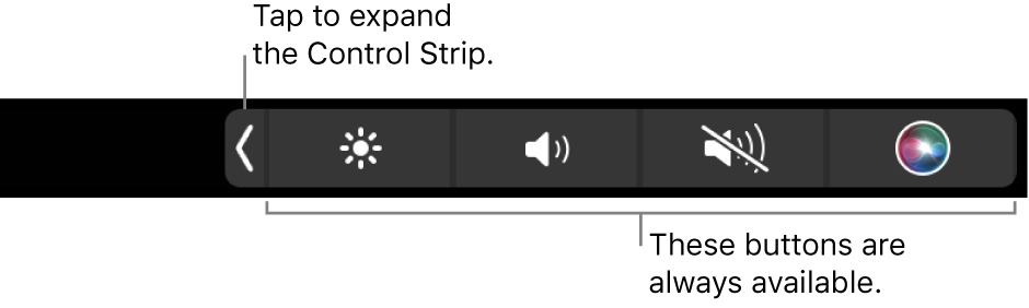 A partial screen of the default Touch Bar, showing the collapsed Control Strip with the buttons that are always available: brightness, volume, and mute. Tap the expand button to show the full Control Strip.