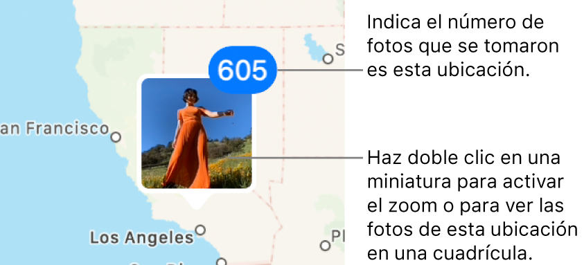 Una miniatura de una foto en un mapa con un número en la esquina superior derecha que indica el número de fotos que se han tomado en esa ubicación.