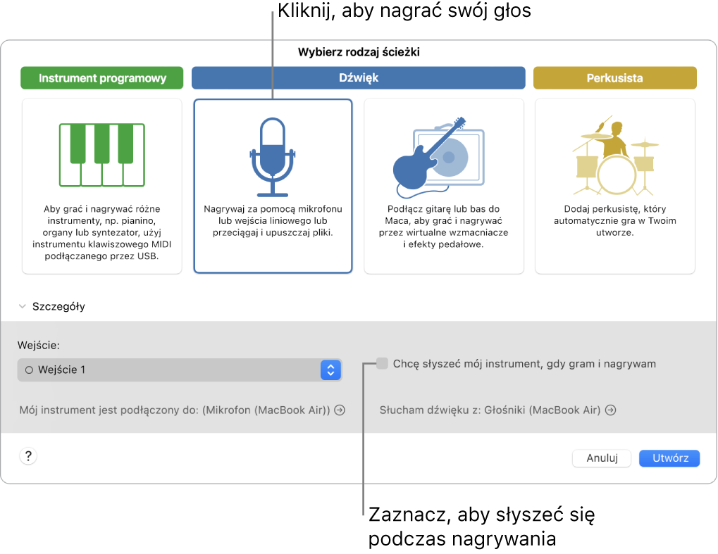 Panel instrumentów w aplikacji GarageBand z opisami opcji narywania głosu oraz opcji pozwalającej słyszeć siebie podczas nagrywania.