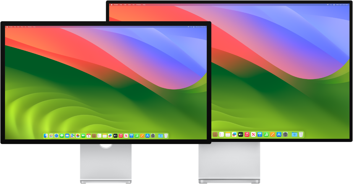 شاشة عرض استوديو وشاشة عرض Pro Display XDR يظهران جنبًا إلى جنب.