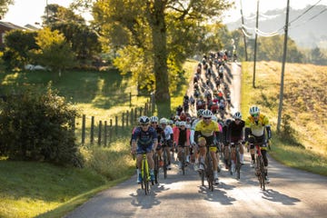 cyclists riding in a group on a rural road surrounded by greenery