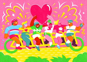 Group of diverse individuals celebrating on a tandem bicycle with a large heart