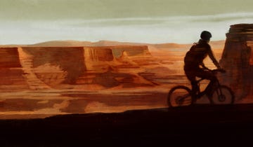 an illustration of a cyclist on a mountain bike in a canyon