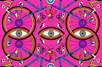 graphic design featuring bicycle wheels components and vibrant colors
