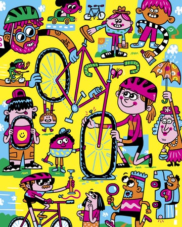 Illustration featuring various characters engaged in activities related to bicycles
