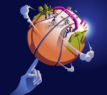 Illustration depicting a cycling race on a basketballshaped planet
