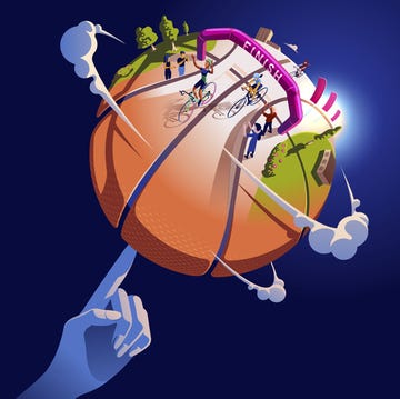 Illustration depicting a cycling race on a basketballshaped planet Illustration depicting a cycling race on a basketballshaped planet