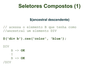 Seletores Compostos (1)

                $(ancestral descendente)

// acessa o elemento B que tenha como
//ancestral um elemento DIV

$('div b').css('color', 'blue');

DIV
      B -> OK
      I
      B -> OK
/DIV
 