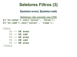Seletores Filtros (3)
               $(seletor:even), $(seletor:odd)

           Seletores não previsto nas CSS
$('tr:even').css('color', 'blue');
$('tr:odd').css('color', 'lime');

TABLE
    TR   ->   OK   even
    TR   ->   OK   odd
    TR   ->   OK   even
    TR   ->   OK   odd
    TR   ->   OK   even
/TABLE
 