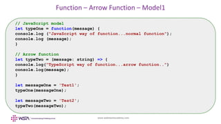 www.webstackacademy.com
Function – Arrow Function – Model1
// JavaScript model
let typeOne = function(message) {
console.log ("JavaScript way of function...normal function");
console.log (message);
}
// Arrow function
let typeTwo = (message: string) => {
console.log("TypeScript way of function...arrow function..")
console.log(message);
}
let messageOne = 'Test1';
typeOne(messageOne);
let messageTwo = 'Test2';
typeTwo(messageTwo);
 