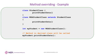 www.webstackacademy.com
Method overriding - Example
class StudentClass {
printStudentData()
}
class WSAStudentClass extends StudentClass
{
printStudentData()
}
let myStudent = new WSAStudentClass();
// Method in derived class will be called
myStudent.printStudentData();
 