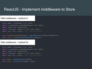 ReactJS - Implement middleware to Store
With middleware - method #1
With middleware - method #2
 