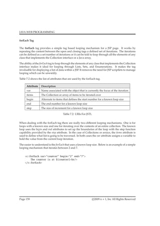 JAVA WEB PROGRAMMING
forEach Tag
The forEach tag provides a simple tag based looping mechanism for a JSP page. It works by
repeating the content between the open and closing tags a deﬁned set of iterations. The iterations
can be deﬁned as a set number of iterations or it can be told to loop through all the elements of any
class that implements the Collection interface or a Java array.
The ability of the forEach tag to loop through the elements of any class that implements the Collection
interface makes it ideal for looping through Lists, Sets, and Enumerations. It makes the tag
invaluable for displaying a list of data within a JSP. It removes the need for JSP scriptlets to manage
looping which can be unwieldy.
Table 7.2 shows the list of attributes that are used by the forEach tag.
Attribute Description
var Name associated with the object that is currently the focus of the iteration
items The Collection or array of items to be iterated over
begin Alternate to items that deﬁnes the start number for a known loop size
end The end number for a known loop size
step The size of increment for a known loop size
Table 7.2: URIs For JSTL
When dealing with the forEach tag there are really two diﬀerent looping mechanisms. One is for
loops with a known size and one for iterating over the contents of an entire collection. The known
loop uses the begin and end attributes to set up the boundaries of the loop with the step function
capability provided by the step attribute. In the case of Collections or arrays, the items attribute is
used to deﬁne what list is going to be traversed. In both cases the var attribute assigns a variable to
hold the value from the current loop iteration.
The easier to understand is the forEach that uses a known loop size. Below is an example of a simple
looping mechanism that iterates between 2 and 7.
<c:forEach var="counter" begin="2" end="7">
The counter is at ${counter}<br/>
</c:forEach>
Page 159 c 2009 n + 1, Inc All Rights Reserved
 