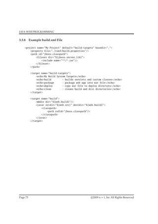 JAVA WEB PROGRAMMING
3.3.8 Example build.xml File
<project name="My Project" default="build-targets" basedir=".">
<property file="./conf/build.properties"/>
<path id="jboss.classpath">
<fileset dir="${jboss.server.lib}">
<include name="**/*.jar"/>
</fileset>
</path>
<target name="build-targets">
<echo>My Build System Targets</echo>
<echo>build - builds servlets and custom classes</echo>
<echo>package - package web app into war file</echo>
<echo>deploy - copy war file to deploy directory</echo>
<echo>clean - cleans build and dist directories</echo>
</target>
<target name="build">
<mkdir dir="${web.build}"/>
<javac srcdir="${web.src}" destdir="${web.build}">
<classpath>
<path refid="jboss.classpath"/>
</classpath>
</javac>
</target>
Page 75 c 2009 n + 1, Inc All Rights Reserved
 
