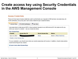 Thanachart Numnonda and Danairat T, July 2013Big Data Hadoop – Hands On Workshop 8
Create access key using Security Credentials
in the AWS Management Console
 
