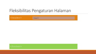 Fleksibilitas Pengaturan Halaman
<header>
<footer>
<nav>
 