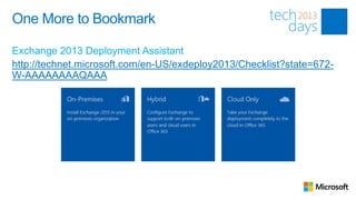 One More to Bookmark

Exchange 2013 Deployment Assistant
http://technet.microsoft.com/en-US/exdeploy2013/Checklist?state=672-
W-AAAAAAAAQAAA
 