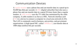 Communication Devices
CPU
e.g., Disk, CD,
and Tape
Input
Devices
e.g., Keyboard,
Mouse
e.g., Monitor,
Printer
Communication
Devices
e.g., Modem,
and NIC
Storage
Devices
Memory
Output
Devices
Bus
10
A regular modem uses a phone line and can transfer data in a speed up to
56,000 bps (bits per second). A DSL (digital subscriber line) also uses a
phone line and can transfer data in a speed 20 times faster than a regular
modem. A cable modem uses the TV cable line maintained by the cable
company. A cable modem is as fast as a DSL. Network interface card
(NIC) is a device to connect a computer to a local area network (LAN).
The LAN is commonly used in business, universities, and government
organizations. A high-speed NIC, called 1000BaseT, can transfer data at
1000 mbps (million bits per second).
 