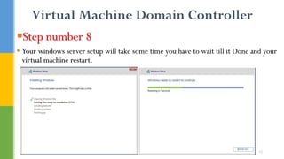 Virtual Machine Domain Controller
Step number 8
• Your windows server setup will take some time you have to wait till it Done and your
virtual machine restart.
12
 