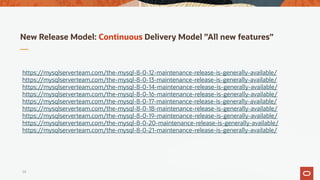 New Release Model: Continuous Delivery Model ”All new features”
https://mysqlserverteam.com/the-mysql-8-0-12-maintenance-release-is-generally-available/
https://mysqlserverteam.com/the-mysql-8-0-13-maintenance-release-is-generally-available/
https://mysqlserverteam.com/the-mysql-8-0-14-maintenance-release-is-generally-available/
https://mysqlserverteam.com/the-mysql-8-0-16-maintenance-release-is-generally-available/
https://mysqlserverteam.com/the-mysql-8-0-17-maintenance-release-is-generally-available/
https://mysqlserverteam.com/the-mysql-8-0-18-maintenance-release-is-generally-available/
https://mysqlserverteam.com/the-mysql-8-0-19-maintenance-release-is-generally-available/
https://mysqlserverteam.com/the-mysql-8-0-20-maintenance-release-is-generally-available/
https://mysqlserverteam.com/the-mysql-8-0-21-maintenance-release-is-generally-available/
24
 
