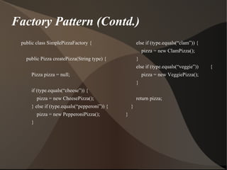 Factory Pattern (Contd.)
public class SimplePizzaFactory {
public Pizza createPizza(String type) {
Pizza pizza = null;
if (type.equals(“cheese”)) {
pizza = new CheesePizza();
} else if (type.equals(“pepperoni”)) {
pizza = new PepperoniPizza();
}
else if (type.equals(“clam”)) {
pizza = new ClamPizza();
}
else if (type.equals(“veggie”)) {
pizza = new VeggiePizza();
}
return pizza;
}
}
 