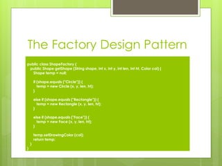 The Factory Design Pattern
public class ShapeFactory {
public Shape getShape (String shape, int x, int y, int len, int ht, Color col) {
Shape temp = null;
if (shape.equals ("Circle")) {
temp = new Circle (x, y, len, ht);
}
else if (shape.equals ("Rectangle")) {
temp = new Rectangle (x, y, len, ht);
}
else if (shape.equals ("Face")) {
temp = new Face (x, y, len, ht);
}
temp.setDrawingColor (col);
return temp;
}
}
 