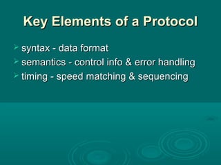 Key Elements of a ProtocolKey Elements of a Protocol
 syntax - data formatsyntax - data format
 semantics - control info & error handlingsemantics - control info & error handling
 timing - speed matching & sequencingtiming - speed matching & sequencing
 