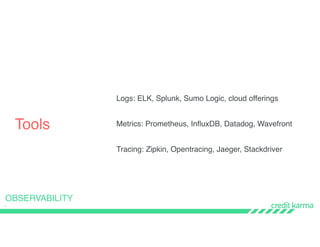 39
Tools
OBSERVABILITY
Logs: ELK, Splunk, Sumo Logic, cloud offerings
Metrics: Prometheus, InfluxDB, Datadog, Wavefront
Tracing: Zipkin, Opentracing, Jaeger, Stackdriver
 