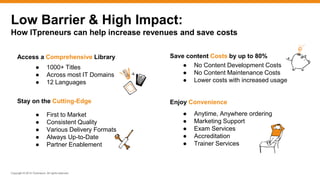 Copyright © 2015 ITpreneurs. All rights reserved.
Low Barrier & High Impact:
How ITpreneurs can help increase revenues and save costs
Stay on the Cutting-Edge
Access a Comprehensive Library
Enjoy Convenience
Save content Costs by up to 80%
● No Content Development Costs
● No Content Maintenance Costs
● Lower costs with increased usage
● 1000+ Titles
● Across most IT Domains
● 12 Languages
● Anytime, Anywhere ordering
● Marketing Support
● Exam Services
● Accreditation
● Trainer Services
● First to Market
● Consistent Quality
● Various Delivery Formats
● Always Up-to-Date
● Partner Enablement
 