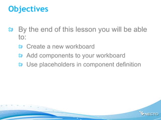 Objectives

  By the end of this lesson you will be able
  to:
    Create a new workboard
    Add components to your workboard
    Use placeholders in component definition
 