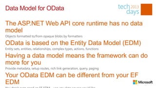 Data Model for OData

The ASP.NET Web API core runtime has no data
model
Objects formatted to/from opaque blobs by formatters

OData is based on the Entity Data Model (EDM)
Entity sets, entities, relationships, complex types, actions, functions

Having a data model means the framework can do
more for you
Provide metadata, setup routes, rich link generation, query, paging

Your OData EDM can be different from your EF
EDM
 