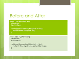Before and After
public class MyCharacter {
char letter;
Font myFont;
void applyDecoration (string font, int size);
myFont = new Font (font, size);
}
}
public class MyCharacter {
char letter;
Font myFont;
void applyDecoration (string font, int size);
myFont = FlyweightCache.getFont (font, size);
}
}
 