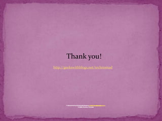 Thank you!http://geekswithblogs.net/technomadPresentation by Prafulla Paraskar  prafulla.paraskar@s1.com© 2010 S1 India Pvt. Ltd.Presentation by Prafulla Paraskar  eprafulla@gmail.com© 2010  Prafulla Paraskar