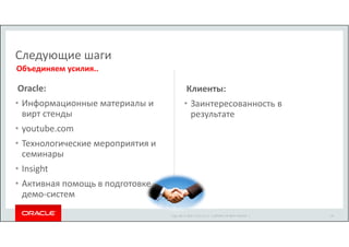 Copyright © 2014 Oracle and/or its affiliates. All rights reserved. | 
Следующие шаги 
Объединяем усилия.. 
Oracle: 
• Информационные материалы и 
вирт стенды 
• youtube.com 
• Технологические мероприятия и 
семинары 
• Insight 
• Активная помощь в подготовке 
демо-систем 
Клиенты: 
• Заинтересованность в 
результате 
30 
 