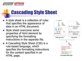 Cascading Style Sheet
   A style sheet is a collection of rules
    that specifies the appearance of
    data in an HTML document.
   Style sheet overcome some
    properties of html element by
    specifying the formatting
    instructions in the separate file.
   A Cascading Style Sheet (CSS) is a
    rule-based language, which
    specifies the formatting instructions
    for the content specified in an
    HTML page.
 