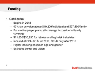 Funding
• Cadillac tax
– Begins in 2018
– 40% tax on value above $10,200/individual and $27,500/family
– For multiemployer plans, all coverage is considered family
coverage
– $11,850/$30,950 for retirees and high-risk industries
– Indexed at CPI-U+1% for 2019, CPI-U only after 2019
– Higher indexing based on age and gender
– Excludes dental and vision

18

 