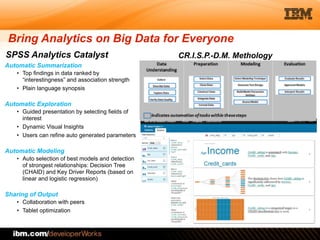 © 2012 IBM Corporation
Bring Analytics on Big Data for Everyone
Automatic Summarization
• Top findings in data ranked by
“interestingness” and association strength
• Plain language synopsis
!
Automatic Exploration
• Guided presentation by selecting fields of
interest
• Dynamic Visual Insights
• Users can refine auto generated parameters
!
Automatic Modeling
• Auto selection of best models and detection
of strongest relationships: Decision Tree
(CHAID) and Key Driver Reports (based on
linear and logistic regression)
!
Sharing of Output
• Collaboration with peers
• Tablet optimization
!
!
SPSS Analytics Catalyst CR.I.S.P.-D.M. Methology
 