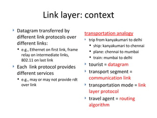Link layer: context Datagram transferred by different link protocols over different links: e.g., Ethernet on first link, frame relay on intermediate links, 802.11 on last link Each  link protocol provides different services e.g., may or may not provide rdt over link transportation analogy trip from kanyakumari to delhi ship: kanyakumari to chennai plane: chennai to mumbai train: mumbai to delhi tourist =  datagram transport segment =  communication link transportation mode =  link layer protocol travel agent =  routing algorithm 