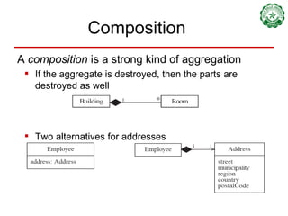 Composition A  composition  is a strong kind of aggregation  If the aggregate is destroyed, then the parts are destroyed as well   Two alternatives for addresses 