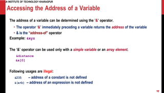 INDIAN INSTITUTE OF TECHNOLOGY KHARAGPUR
Accessing the Address of a Variable
The address of a variable can be determined using the ‘&’ operator.
• The operator ‘&’ immediately preceding a variable returns the address of the variable
• & is the “address-of” operator
Example: &xyz
The ‘&’ operator can be used only with a simple variable or an array element.
&distance
&x[0]
Following usages are illegal:
&235 – address of a constant is not defined
&(a+b) – address of an expression is not defined
4
 