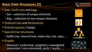 31
 Sets, multi-sets and bags
 Set – collection of unique elements
 Bag – collection of non-unique elements
 Ordered sets and dictionaries
 Priority queues / heaps
 Special tree structures
 Suffix tree, interval tree, index tree, trie, rope, …
 Graphs
 Directed / undirected, weighted / unweighted,
connected / non-connected, cyclic / acyclic, …
Basic Data Structures (2)
 
