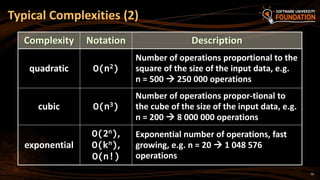 50
Complexity Notation Description
quadratic O(n2)
Number of operations proportional to the
square of the size of the input data, e.g.
n = 500  250 000 operations
cubic O(n3)
Number of operations propor-tional to
the cube of the size of the input data, e.g.
n = 200  8 000 000 operations
exponential
O(2n),
O(kn),
O(n!)
Exponential number of operations, fast
growing, e.g. n = 20  1 048 576
operations
Typical Complexities (2)
 