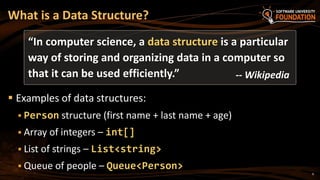 6
 Examples of data structures:
 Person structure (first name + last name + age)
 Array of integers – int[]
 List of strings – List<string>
 Queue of people – Queue<Person>
What is a Data Structure?
“In computer science, a data structure is a particular
way of storing and organizing data in a computer so
that it can be used efficiently.” -- Wikipedia
 