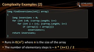  Runs in O(n2) where n is the size of the array
 The number of elementary steps is ~ n * (n+1) / 2
Complexity Examples (2)
long FindInversions(int[] array)
{
long inversions = 0;
for (int i=0; i<array.Length; i++)
for (int j = i+1; j<array.Length; i++)
if (array[i] > array[j])
inversions++;
return inversions;
}
 