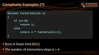  Runs in linear time O(n)
 The number of elementary steps is ~ n
Complexity Examples (7)
decimal Factorial(int n)
{
if (n==0)
return 1;
else
return n * Factorial(n-1);
}
 