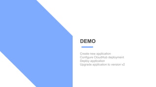 DEMO
Create new application
Configure CloudHub deployment
Deploy application
Upgrade application to version v2
 