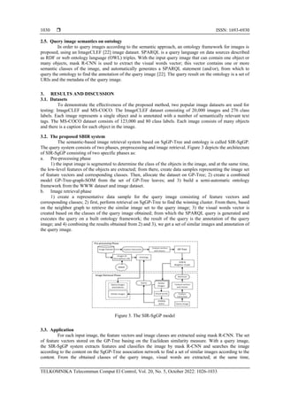  ISSN: 1693-6930
TELKOMNIKA Telecommun Comput El Control, Vol. 20, No. 5, October 2022: 1026-1033
1030
2.5. Query image semantics on ontology
In order to query images according to the semantic approach, an ontology framework for images is
proposed, using an ImageCLEF [22] image dataset. SPARQL is a query language on data sources described
as RDF or web ontology language (OWL) triples. With the input query image that can contain one object or
many objects, mask R-CNN is used to extract the visual words vector; this vector contains one or more
semantic classes of the image, and automatically generates a SPARQL statement (and/or), from which to
query the ontology to find the annotation of the query image [22]. The query result on the ontology is a set of
URIs and the metadata of the query image.
3. RESULTS AND DISCUSSION
3.1. Datasets
To demonstrate the effectiveness of the proposed method, two popular image datasets are used for
testing: ImageCLEF and MS-COCO. The ImageCLEF dataset consisting of 20,000 images and 276 class
labels. Each image represents a single object and is annotated with a number of semantically relevant text
tags. The MS-COCO dataset consists of 123,000 and 80 class labels. Each image consists of many objects
and there is a caption for each object in the image.
3.2. The proposed SBIR system
The semantic-based image retrieval system based on SgGP-Tree and ontology is called SIR-SgGP.
The query system consists of two phases, preprocessing and image retrieval. Figure 3 depicts the architecture
of SIR-SgGP consisting of two specific phases as:
a. Pre-processing phase
1) the input image is segmented to determine the class of the objects in the image, and at the same time,
the low-level features of the objects are extracted; from there, create data samples representing the image set
of feature vectors and corresponding classes. Then, allocate the dataset on GP-Tree; 2) create a combined
model GP-Tree-graph-SOM from the set of GP-Tree leaves; and 3) build a semi-automatic ontology
framework from the WWW dataset and image dataset.
b. Image retrieval phase
1) create a representative data sample for the query image consisting of feature vectors and
corresponding classes; 2) first, perform retrieval on SgGP-Tree to find the winning cluster. From there, based
on the neighbor graph to retrieve the similar image set to the query image; 3) the visual words vector is
created based on the classes of the query image obtained; from which the SPARQL query is generated and
executes the query on a built ontology framework; the result of the query is the annotation of the query
image; and 4) combining the results obtained from 2) and 3), we get a set of similar images and annotation of
the query image.
Figure 3. The SIR-SgGP model
3.3. Application
For each input image, the feature vectors and image classes are extracted using mask R-CNN. The set
of feature vectors stored on the GP-Tree basing on the Euclidean similarity measure. With a query image,
the SIR-SgGP system extracts features and classifies the image by mask R-CNN and searches the image
according to the content on the SgGP-Tree association network to find a set of similar images according to the
content. From the obtained classes of the query image, visual words are extracted; at the same time,
 