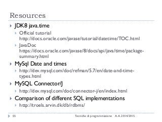 Resources
A.A. 2014/2015Tecniche di programmazione55
 JDK8 java.time
 Official tutorial
http://docs.oracle.com/javase/tutorial/datetime/TOC.html
 JavaDoc
https://docs.oracle.com/javase/8/docs/api/java/time/package-
summary.html
 MySql Date and times
 http://dev.mysql.com/doc/refman/5.7/en/date-and-time-
types.html
 MySQL Connector/J
 http://dev.mysql.com/doc/connector-j/en/index.html
 Comparison of different SQL implementations
 http://troels.arvin.dk/db/rdbms/
 