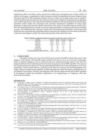 Int J Artif Intell ISSN: 2252-8938 
Transfer-learning based skin cancer diagnosis using fine-tuned AlexNet by marine … (Maha Ibrahim)
4831
simultaneous effect of all these criteria, and previous studies have investigated some of these criteria. In
addition, in this paper a comprehensive study in automatic transfer learning based skin cancer diagnosis using
fine-tuned AlexNet by MPA algorithm explored. However, further and in-depth studies may be needed to
confirm its efficient on more patient. In this study shown that swarm intelligence-based optimization algorithms
such as MPA algorithm are more efficient than traditional methods for fine-tuning deep neural network hyper
parameters. Future studies may investigate more up-to-date meta-heuristic algorithms for tuning hyper
parameters of deep neural networks. Recent observations in the studies of automatic detection of skin cancer
show that deep learning-based methods can provide a good performance in diagnosing this disease with high
accuracy. Our findings provide conclusive evidence that fine-tuning hyper parameters of pre-trained deep
neural network using optimization algorithms based on meta-heuristic methods can lead to better performance
of the skin cancer diagnosis model. The results obtained in this work confirm this issue.
Table 4. Results comparison based on accuracy, precision, recall, and F1 score
Method F-Score Recall Precision Accuracy
KNN [29] 94.71 95.14 95.14 95
DT [29] 95.14 95.57 95.71 95
SVM [29] 97.43 97.57 97.71 97
RF [30] 83 89 91 92
CNN [30] 92 89 91 93
DesNet [30] 83 84 93 95
The proposed method (MPA-AlexNet) 98.47 98.47 98.51 98
5. CONCLUSION
This paper introduces the improved AlexNet neural network with MPA to detect skin cancer. Early
diagnosis of this disease will drastically reduce mortality rates and save lives. In recent years, technologies
based on artificial intelligence such as neural networks have achieved promising results in this field. Our
proposed method involves optimizing the AlexNet network parameters by the MPA algorithm. The results of
the simulations show the superiority of the presented approach based on the evaluation parameters used in the
experiments. AlexNet neural network is powerful in the field of recognizing and classifying patterns from
images. Due to its parallel search capability, the MPA algorithm has a good convergence speed and does not
get trapped in local optima. Therefore, the integration of the AlexNet neural network and the MPA algorithm
in the proposed method has contributed significantly to its outperformance in comparison with other
state-of-the-art methods.
REFERENCES
[1] N. Hameed, A. Shabut, and M. A. Hossain, “A computer-aided diagnosis system for classifying prominent skin lesions using
machine learning,” 2018 10th Computer Science and Electronic Engineering Conference, CEEC 2018 - Proceedings, pp. 186–191,
2019, doi: 10.1109/CEEC.2018.8674183.
[2] U. O. Dorj, K. K. Lee, J. Y. Choi, and M. Lee, “The skin cancer classification using deep convolutional neural network,” Multimedia
Tools and Applications, vol. 77, no. 8, pp. 9909–9924, 2018, doi: 10.1007/s11042-018-5714-1.
[3] H. Bhatt, V. Shah, K. Shah, R. Shah, and M. Shah, “State-of-the-art machine learning techniques for melanoma skin cancer detection
and classification: a comprehensive review,” Intelligent Medicine, vol. 3, no. 3, pp. 180–190, 2023, doi:
10.1016/j.imed.2022.08.004.
[4] D. Wen et al., “Characteristics of publicly available skin cancer image datasets: a systematic review,” The Lancet Digital Health,
vol. 4, no. 1, pp. e64–e74, 2022, doi: 10.1016/S2589-7500(21)00252-1.
[5] K. Hauser et al., “Explainable artificial intelligence in skin cancer recognition: A systematic review,” European Journal of Cancer,
vol. 167, pp. 54–69, 2022, doi: 10.1016/j.ejca.2022.02.025.
[6] M. A. Bagheri, G. A. Montazer, and S. Escalera, “Error correcting output codes for multiclass classification: Application to two
image vision problems,” AISP 2012 - 16th CSI International Symposium on Artificial Intelligence and Signal Processing, pp. 508–
513, 2012, doi: 10.1109/AISP.2012.6313800.
[7] L. Zeng et al., “Advancements in nanoparticle-based treatment approaches for skin cancer therapy,” Molecular Cancer, vol. 22, no.
1, 2023, doi: 10.1186/s12943-022-01708-4.
[8] K. Ali, Z. A. Shaikh, A. A. Khan, and A. A. Laghari, “Multiclass skin cancer classification using EfficientNets – a first step towards
preventing skin cancer,” Neuroscience Informatics, vol. 2, no. 4, 2022, doi: 10.1016/j.neuri.2021.100034.
[9] D. Keerthana, V. Venugopal, M. K. Nath, and M. Mishra, “Hybrid convolutional neural networks with SVM classifier for
classification of skin cancer,” Biomedical Engineering Advances, vol. 5, 2023, doi: 10.1016/j.bea.2022.100069.
[10] M. Dildar et al., “Skin cancer detection: a review using deep learning techniques,” International Journal of Environmental Research
and Public Health, vol. 18, no. 10, 2021, doi: 10.3390/ijerph18105479.
[11] A.V.Ubale and P. L. Paikrao, “Detection and classification of skin diseases using different color phase models,” International
Research Journal of Engineering and Technology (IRJET), vol. 6, no. 7, pp. 3658–3663, 2019.
[12] R. Leon et al., “Non-invasive skin cancer diagnosis using hyperspectral imaging for in-situ clinical support,” Journal of Clinical
Medicine, vol. 9, no. 6, 2020, doi: 10.3390/jcm9061662.
[13] Y. R. Woo, S. H. Cho, J. D. Lee, and H. S. Kim, “The human microbiota and skin cancer,” International Journal of Molecular
Sciences, vol. 23, no. 3, 2022, doi: 10.3390/ijms23031813.
 