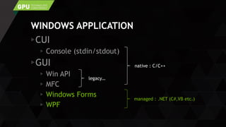 WINDOWS APPLICATION
CUI
Console (stdin/stdout)
GUI
Win API
MFC
Windows Forms
WPF
native : C/C++
managed : .NET (C#,VB etc.)
legacy…
 